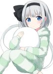 1girl :o alternate_costume black_hairband black_ribbon blue_eyes blush bob_cut commentary_request eyebrows_visible_through_hair feet_out_of_frame green_pants green_sweater hair_ribbon hairband hitodama holding hood hoodie hug knees_together_feet_apart knees_up konpaku_youmu konpaku_youmu_(ghost) looking_at_viewer pants ribbon short_hair silver_hair simple_background sitting solo striped striped_pants striped_sweater suzuno_naru sweater touhou white_background 