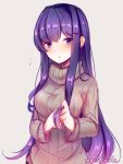  1girl artist_name bangs beige_sweater blush breasts commentary doki_doki_literature_club eyebrows_visible_through_hair grey_background hair_ornament hair_twirling hairclip highres large_breasts long_hair long_sleeves peachcak3 purple_hair ribbed_sweater sidelocks simple_background solo sweater turtleneck turtleneck_sweater upper_body very_long_hair violet_eyes yuri_(doki_doki_literature_club) 