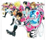  2girls 6+boys :d bandaid bandaid_on_nose black_hair blonde_hair blue_eyes brown_hair cheerleader closed_mouth eyeshield_21 facial_hair football_helmet football_uniform grin gun helmet highres holding holding_gun holding_weapon kobayakawa_sena multiple_boys multiple_girls murata_yuusuke official_art open_mouth running scan sharp_teeth shirt shoes shoulder_pads simple_background slit_pupils smile smug sportswear stubble sweat teeth traditional_media weapon white_background 