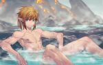  1boy arsh_(thestarwish) blonde_hair blue_eyes closed_mouth collarbone commentary_request earrings jewelry link looking_at_viewer male_focus molten_rock nipples nude partially_submerged pectorals pointy_ears single_earring sitting smile solo the_legend_of_zelda toned toned_male water wet 