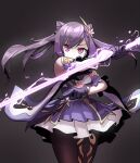  1girl absurdres bangs black_legwear closed_mouth detached_sleeves double_bun dress einheadt electricity genshin_impact gloves grey_background hair_ornament highres holding holding_sword holding_weapon huge_filesize keqing_(genshin_impact) long_hair pantyhose pink_eyes purple_dress purple_gloves purple_hair simple_background solo sword twintails weapon wide_sleeves 