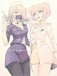  2girls :d andou_ruruka arm_up bangs black_legwear black_mask bow breasts coat collared_shirt cowboy_shot dangan_ronpa_(series) dangan_ronpa_3_(anime) dress_shirt english_text eyebrows_visible_through_hair gloves grey_hair hand_up holding jacket kimura_seiko labcoat looking_at_viewer mask medium_breasts medium_hair mouth_mask multiple_girls nurse open_clothes open_coat open_mouth pantyhose pink_bow pink_hair purple_jacket purple_skirt rexmmik shirt short_hair skirt smile syringe upper_teeth violet_eyes white_gloves 