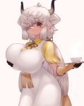  1girl :3 absurdres animal_ears breast_lift breasts brown_hair cup dress extra_ears eyebrows_visible_through_hair gloves hair_over_one_eye highres horns huge_breasts kemono_friends light_smile long_hair looking_at_viewer notora ox_ears ox_horns short_sleeves simple_background solo tray white_background white_dress white_hair yak_(kemono_friends) 