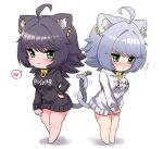  2girls :3 ahoge animal_ear_fluff animal_ears bangs bare_legs barefoot black_hair black_hoodie blush cat_ears cat_girl cat_tail chibi clothes_writing collar commentary_request ear_piercing eyebrows_visible_through_hair flying_sweatdrops frown full_body green_eyes grey_hair hand_on_hip heart hood hoodie intertwined_tails long_sleeves medium_hair multiple_girls ngetyan nose_blush original piercing renge_(ngetyan) ringe_(ngetyan) siblings simple_background sisters smile spoken_heart tail tail_ornament tail_ring v-shaped_eyebrows v_arms white_background white_hoodie 