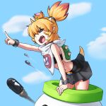  1girl absurdres bandeau bangs bare_arms bare_shoulders bent_over black_collar black_skirt blonde_hair blue_eyes bowsette_jr. bracelet brown_hair clouds collar commentary crown fang high_ponytail highres horns index_finger_raised jewelry super_mario_bros. miniskirt navel open_mouth pointing pointing_up pointy_ears ponytail rob_ishi rocket sharp_teeth skirt solo spiked_bracelet spiked_collar spiked_shell spiked_tail spikes super_crown tail teeth turtle_shell 