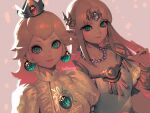  2girls aqua_eyes artist_name bangs bellhenge blonde_hair blush bracelet breasts brooch closed_mouth crown dress dutch_angle earrings emerald_(gemstone) glint grey_background jewelry long_hair looking_at_viewer super_mario_bros. medium_breasts multiple_girls necklace parted_bangs pearl_necklace pink_nails pointy_ears princess_peach princess_zelda puffy_short_sleeves puffy_sleeves short_sleeves simple_background smile super_smash_bros. the_legend_of_zelda upper_body white_dress 
