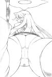  1girl ankh ass bodysuit closed_mouth dr.p greyscale guilty_gear guilty_gear_xrd halo jack-o&#039;_valentine long_hair looking_at_viewer monochrome simple_background solo white_background 