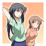  2girls arms_up black_hair blue_eyes blue_shorts border breasts brown_hair closed_mouth commentary_request dairi eyebrows_visible_through_hair green_shirt hair_tie leaning_forward long_hair looking_at_another mouth_hold multiple_girls orange_background orange_shirt original ponytail shirt short_sleeves shorts small_breasts smile tying_hair upper_body white_border wing_collar yellow_eyes yuri 