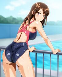  1girl anime_coloring ass black_swimsuit blue_sky blurry breasts brown_eyes brown_hair clouds commentary_request competition_swimsuit cowboy_shot day depth_of_field from_behind long_hair looking_at_viewer looking_back medium_breasts monteriakitto multicolored multicolored_clothes multicolored_swimsuit one-piece_swimsuit original outdoors railing sky solo swimsuit 