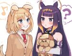  2girls ? animal_ears blonde_hair blue_eyes blush dog_ears dog_tail eyebrows_visible_through_hair grin highres hololive hololive_english long_hair looking_at_another mole mole_under_eye multiple_girls musical_note necktie ninomae_ina&#039;nis parted_lips pointy_ears purple_hair red_neckwear short_hair smile speech_bubble spoken_musical_note spoken_question_mark tail tamawo_(mu_gi2) teeth violet_eyes virtual_youtuber watson_amelia 