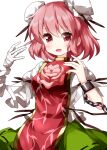  1girl amputee bandaged_arm bandages bangs black_ribbon breasts chinese_clothes cuffs double_bun eyebrows_visible_through_hair flower green_skirt highres ibaraki_kasen looking_at_viewer medium_breasts medium_hair open_mouth pink_eyes pink_flower pink_hair pink_rose puffy_short_sleeves puffy_sleeves ribbon ribbon-trimmed_skirt ribbon_trim rose ruu_(tksymkw) shackles shirt short_sleeves simple_background skirt smile solo standing tabard touhou v-shaped_eyebrows white_background white_shirt 