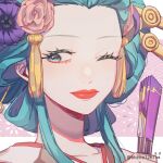  1girl bbzico1267 fan flower folding_fan green_hair hair_flower hair_ornament hair_stick holding holding_fan kouzuki_hiyori lipstick long_hair makeup oiran one_eye_closed one_piece smile solo 