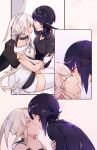  2girls au_ra bangs bare_shoulders black_hair black_legwear blush breasts cheeze_(akizone) closed_eyes final_fantasy final_fantasy_xiv horns kiss medium_breasts multicolored_hair multiple_girls off-shoulder_jacket open_mouth purple_hair red_eyes renz_(rirene_rn) rirene_rn shiny shiny_hair shirt short_hair shorts sitting symbol_commentary thigh-highs two-tone_hair white_hair white_legwear white_shorts yellow_eyes yuri 