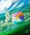  blue_sky city clouds cloudy_sky commentary dated day dofresh dutch_angle english_commentary flying forest highres landscape nature outdoors scenery science_fiction signature singularity&#039;s_children sky smoke space_craft tower 