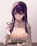  1girl bangs beige_sweater blush breasts casual commentary doki_doki_literature_club eyebrows_visible_through_hair hair_between_eyes highres holding holding_pen large_breasts long_hair long_sleeves parted_lips pen purple_hair ribbed_sweater setuji sidelocks solo sweater turtleneck turtleneck_sweater upper_body violet_eyes yuri_(doki_doki_literature_club) 