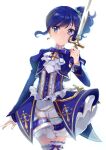  1girl aikatsu! aikatsu!_(series) ascot bangs blue_dress blue_eyes blue_hair blue_neckwear blue_scrunchie bow_legwear chain collar cowboy_shot crossed_arms dress eyebrows_visible_through_hair frilled_collar frills high_collar holding holding_sword holding_weapon juliet_sleeves kiriya_aoi light_frown long_sleeves looking_at_viewer medium_hair onbin_ha petticoat puffy_sleeves scrunchie short_dress side_ponytail simple_background solo standing swept_bangs sword thigh-highs weapon white_background white_legwear white_neckwear 