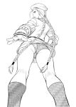  1girl antenna_hair ass beret braid cammy_white dr.p fingerless_gloves gloves greyscale hat long_hair looking_at_viewer military military_uniform monochrome panties simple_background solo standing street_fighter street_fighter_v twin_braids underwear uniform white_background 