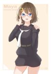  1girl beige_background bespectacled black_serafuku blue_eyes border brown_hair character_name commentary_request contrapposto cosplay cowboy_shot crescent crescent_moon_pin glasses hair_ornament highres kantai_collection maya_(kantai_collection) mochizuki_(kantai_collection) mochizuki_(kantai_collection)_(cosplay) necktie red-framed_eyewear rinascita_s school_uniform serafuku short_hair solo standing two-tone_background white_border white_neckwear x_hair_ornament 