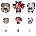  3girls anya_melfissa bangs black_bow blonde_hair blue_eyes bow brown_hair chibi double_bun grey_hair heterochromia hololive hololive_indonesia kureiji_ollie long_hair morinaga_kokoa multicolored_hair multiple_girls pavolia_reine pixel_art red_eyes sword transparent_background two-tone_hair two_side_up violet_eyes virtual_youtuber weapon yellow_eyes zoom_layer 