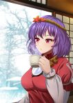  1girl breasts commentary_request cup hair_leaf highres holding holding_cup hot_drink indoors large_breasts leaf long_sleeves looking_afar maple_leaf mirror mug murasaki_tsutsuji parted_lips puffy_sleeves purple_hair red_eyes red_shirt rope shimenawa shirt short_hair snow snowing solo steam tassel touhou upper_body window yasaka_kanako 