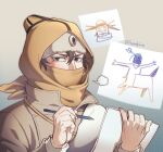  1boy blue_eyes brown_hair coat drawing foxvulpine golden_kamuy hair_between_eyes holding hood hood_up looking_at_viewer male_focus paper pencil simple_background solo upper_body vasily_(golden_kamuy) winter_clothes winter_coat 