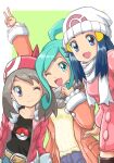  3girls :d ;) ;d bangs beanie belt black_shirt blue_eyes blue_hair blush boots breasts brown_hair closed_mouth collarbone hikari_(pokemon) denim green_background hat jacket jeans lisia_(pokemon) long_hair looking_at_viewer may_(pokemon) medium_breasts menome multiple_girls one_eye_closed open_mouth orange_jacket pants pink_coat poke_ball pokemon pokemon_(game) pokemon_dppt pokemon_oras pokemon_platinum pokemon_rse red_bandana red_jacket scarf shirt small_breasts smile swept_bangs thigh-highs thigh_boots upper_body white_headwear white_scarf winter_clothes yellow_shirt 