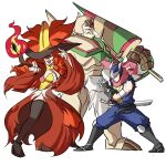  1girl 2boys armor armored_boots beard boots breastplate chesnaught closed_mouth commentary delphox dress english_commentary evil_smile facial_hair fighting_stance fire full_armor full_body gauntlets gen_6_pokemon greaves greninja hat height_difference helmet highres holding holding_lance holding_polearm holding_weapon knight lance long_hair long_sleeves looking_at_viewer multiple_boys ninja open_mouth over_shoulder pants personification pokemon pokemon_(game) pokemon_xy polearm redhead serious sheath shoes shoulder_armor shuriken simple_background smile spiked_armor spikes standing sword thigh-highs tina_fate v-shaped_eyebrows very_long_hair vest wand weapon weapon_over_shoulder white_background wide_sleeves witch witch_hat zettai_ryouiki 
