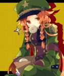  alternate_costume alternate_hairstyle armband baozi belt braid dotted_background double-breasted epaulettes food food_in_mouth gloves green_pants hat highres hong_meiling medium_hair military military_uniform nikorashi-ka orange_hair pants peaked_cap star_(symbol) touhou twin_braids uniform white_gloves 