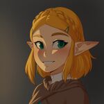  1girl absurdres artist_name bangs blonde_hair blush braid brown_cape cape crown_braid english_commentary face gradient gradient_background green_eyes hair_ornament hairclip highres looking_at_viewer parted_bangs pointy_ears portrait princess_zelda rob_ishi short_hair smile solo teeth the_legend_of_zelda the_legend_of_zelda:_breath_of_the_wild the_legend_of_zelda:_breath_of_the_wild_2 thick_eyebrows 