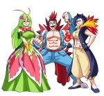  1boy 2girls abs animal_ears antenna_hair baggy_pants bare_arms bare_pecs bare_shoulders black_hair blonde_hair breasts clenched_hands coat collared_dress collared_vest commentary crazy_smile dress english_commentary feraligatr fingerless_gloves fire flower full_body gen_2_pokemon gloves green_hair hair_flower hair_ornament hand_on_hip high_collar highres long_coat long_dress looking_at_viewer meganium midriff mohawk multicolored_hair multiple_girls muscle open_clothes open_coat open_vest own_hands_together pants pectorals personification pokemon pokemon_(game) pokemon_gsc pose purple_hair red_eyes redhead shoes simple_background standing stomach strapless strapless_dress taut_clothes taut_dress tina_fate toned tongue tongue_out torn_clothes two-tone_hair typhlosion v_arms vest white_background yellow_eyes 