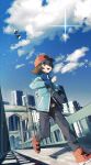  1boy baseball_cap belt blue_jacket brown_eyes brown_hair building clenched_hands clouds day fence gen_5_pokemon hat highres hilbert_(pokemon) jacket long_sleeves male_focus moji_(ld_ipx) open_mouth outdoors pants pidove pokemon pokemon_(creature) pokemon_(game) pokemon_bw red_footwear running shadow shoes sky smile standing symbol_commentary teeth tongue 