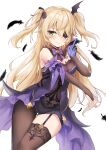  1girl absurdres bangs bare_shoulders blonde_hair blush bodystocking bow breasts chuunibyou eric_(tianqijiang) eyepatch feathers fischl_(genshin_impact) garter_straps genshin_impact gloves green_eyes hair_over_one_eye highres long_hair looking_at_viewer outstretched_arm purple_bow purple_neckwear single_glove single_leg_pantyhose single_thighhigh small_breasts thigh-highs thighs two_side_up 