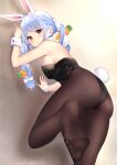  1girl absurdres against_wall animal_ears ass bare_shoulders black_legwear blue_hair braid breasts bunny-shaped_pupils bunny_tail carrot_hair_ornament commentary_request eyebrows_visible_through_hair feet food_themed_hair_ornament hair_ornament haru_(re_ilust) highres hololive long_hair looking_at_viewer medium_breasts multicolored_hair pantyhose playboy_bunny rabbit_ears red_eyes soles solo symbol-shaped_pupils tail thick_eyebrows twin_braids two-tone_hair usada_pekora virtual_youtuber white_hair 