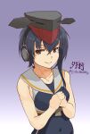  absurdres asymmetrical_hair black_hair black_swimsuit breast_cutout brown_eyes cowboy_shot crop_top framed_breasts gradient gradient_background hair_between_eyes hands_on_own_chest headphones highres i-13_(kancolle) kantai_collection purple_background sailor_collar school_swimsuit short_hair swimsuit swimsuit_under_clothes twitter_username white_sailor_collar yuushou 