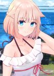  1girl absurdres amano_sen bare_shoulders blue_eyes blurry blurry_background braid cevio collarbone commentary dress frilled_dress frills hair_flaps hand_up highres looking_at_viewer ocean one_(cevio) outdoors platinum_blonde_hair rainbow short_hair smile solo spaghetti_strap upper_body white_dress 