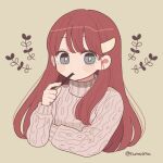  1girl aran_sweater barrette blue_eyes bright_pupils cropped_torso crossed_arms eating food highres holding holding_food long_hair long_sleeves nokanok original pocky redhead sidelocks solo sweater symbol_commentary twitter_username upper_body white_pupils 