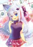  1girl :d absurdres animal_ear_fluff animal_ears bangs bare_arms bare_shoulders bat_hair_ornament black_bow black_nails blue_eyes blurry blurry_background blush bow braid breasts depth_of_field eyebrows_visible_through_hair fang feathered_wings grey_wings hair_between_eyes hair_bow hair_ornament hairclip head_tilt heterochromia highres holding key kouu_hiyoyo long_hair looking_away low_wings mahjong mahjong_tile medium_breasts multicolored_hair nail_polish open_mouth original plaid plaid_skirt purple_sweater red_skirt redhead silver_hair skirt sleeveless_sweater smile solo streaked_hair sweater tail violet_eyes wings x_hair_ornament 