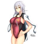  1girl breasts competition_swimsuit cowboy_shot dated gangut_(kantai_collection) grey_hair hammer_and_sickle hands_on_hips highleg highleg_swimsuit highres jacket jacket_on_shoulders kantai_collection large_breasts long_hair looking_at_viewer montemasa one-piece_swimsuit orange_eyes red_swimsuit scar scar_on_face simple_background smile solo swimsuit twitter_username white_background white_jacket 
