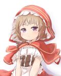  1girl baigao brown_hair capelet chinese_commentary commentary_request flat_chest frills granblue_fantasy highres hood hood_up hooded_capelet looking_at_viewer red_capelet renie short_hair short_sleeves simple_background solo upper_body violet_eyes white_background 