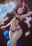  1girl absurdres arm_behind_head arm_up armpits bangs bare_shoulders bob_cut breasts collarbone dh_ead eyeliner fate/grand_order fate_(series) gourd headpiece highres horns looking_at_viewer makeup navel oni oni_horns open_mouth purple_hair revealing_clothes short_hair shuten_douji_(fate/grand_order) skin-covered_horns small_breasts smile thighs violet_eyes 