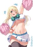  1girl atago_(kantai_collection) blonde_hair breasts cheering cheerleader cowboy_shot crop_top crop_top_overhang ebifurya grey_eyes highres holding holding_pom_poms kantai_collection large_breasts midriff navel one_eye_closed pom_poms simple_background skirt smile stomach thigh-highs thighs twitter_username under_boob white_background 