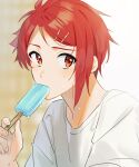  1boy eating food hair_ornament hairclip highres holding holding_food hot idolish_7 looking_at_viewer male_focus nanase_riku popsicle red_eyes redhead shirt short_hair short_sleeves solo sweat t-shirt unapoppo upper_body white_shirt 