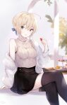  1girl ahoge arm_support artoria_pendragon_(all) bangs bare_shoulders beige_sweater black_legwear black_skirt blonde_hair blue_ribbon blush braid breasts commentary_request crossed_legs fate/stay_night fate_(series) feet_out_of_frame food fruit green_eyes hair_ribbon highres holding holding_food holding_fruit jacket long_sleeves looking_at_viewer medium_breasts off_shoulder open_clothes open_mouth ribbed_sweater ribbon saber sai_(saipoko) short_hair sitting skirt sleeveless solo strawberry sweater sweater_tucked_in thigh-highs white_jacket zettai_ryouiki 