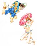  1boy 1girl :d anklet armpits bare_arms bare_legs bare_shoulders barefoot bead_anklet bikini blue_eyes bracelet breasts brown_hair character_request cup drinking_straw eyeshield_21 floral_print halterneck hands_up highres holding holding_innertube innertube jewelry jumping kobayakawa_sena looking_at_viewer male_swimwear medium_breasts murata_yuusuke navel official_art open_mouth scan side-tie_bikini simple_background smile spiky_hair striped striped_bikini swim_trunks swimsuit swimwear traditional_media white_background wristband 