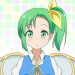  1girl blue_vest c: cato_(monocatienus) commentary daiyousei eyebrows_visible_through_hair fairy_wings forehead green_eyes green_hair hair_ribbon looking_at_viewer neck_ribbon portrait puffy_sleeves ribbon shirt short_hair side_ponytail simple_background smile solo touhou vest white_shirt wing_collar wings yellow_neckwear yellow_ribbon 