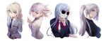  4girls ahoge ak-12_(girls_frontline) ak-15_(girls_frontline) an-94_(girls_frontline) bangs belt blue_eyes braid breasts closed_mouth collared_shirt commentary english_commentary eyebrows_visible_through_hair formal girls_frontline glasses grey_hair highres jacket long_hair long_sleeves looking_at_viewer medium_hair multiple_girls necktie niac office_lady open_mouth ponytail portrait rpk-16_(girls_frontline) shirt side_braid silver_hair simple_background smile suit sunglasses upper_body violet_eyes white_background white_shirt 