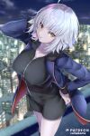  1girl absurdres ahoge bangs black_dress breasts coat dress fate/grand_order fate_(series) fur-trimmed_coat fur_trim highres jeanne_d&#039;arc_(alter)_(fate) jeanne_d&#039;arc_(fate)_(all) kamehito large_breasts long_sleeves looking_at_viewer open_clothes open_coat short_dress short_hair silver_hair wicked_dragon_witch_ver._shinjuku_1999 yellow_eyes 