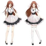  1girl :d apron bangs black_dress black_footwear blush breasts brown_eyes brown_hair closed_mouth collarbone commentary_request dangan_ronpa_another dress frilled_apron frilled_dress frilled_legwear frills full_body hair_between_eyes hair_ribbon high_heels highres legs long_hair looking_at_viewer maid_apron medium_breasts multiple_views open_mouth ppakunak puffy_short_sleeves puffy_sleeves red_ribbon ribbon shoes short_sleeves simple_background smile standing taira_akane thigh-highs white_background white_legwear 
