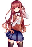  1girl absurdres adjusting_hair black_legwear blue_sky breasts brown_hair doki_doki_literature_club green_eyes hand_up highres long_hair long_sleeves looking_at_viewer medium_breasts monika_(doki_doki_literature_club) paper peachcak3 pleated_skirt school_uniform simple_background skirt sky smile solo sweater_vest thigh-highs very_long_hair vest white_background wing_collar zettai_ryouiki 