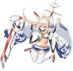  1girl ayanami_(azur_lane) azur_lane bandaid bangs belt black_choker blonde_hair blue_sailor_collar blue_skirt choker clothing_cutout commentary_request detached_sleeves double_horizontal_stripe floating hair_ornament hairclip headgear holding holding_sword holding_weapon huge_weapon long_hair looking_at_viewer microskirt navel red_eyes rigging sailor_collar shirt shoulder_cutout silver_hair simple_background skirt solo sword taniguchi_gou thigh-highs weapon white_background white_belt white_legwear white_shirt white_sleeves yellow_neckwear 